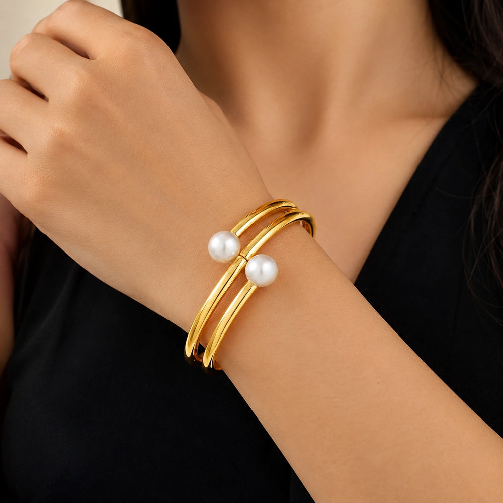 Korean Pearl Double Band Gold Plated Cuff Bracelet