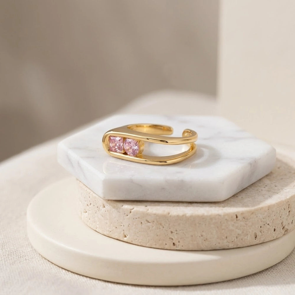 Pink Crystal Adjustable Double Band Ring - Anti Tarnish Gold Plated