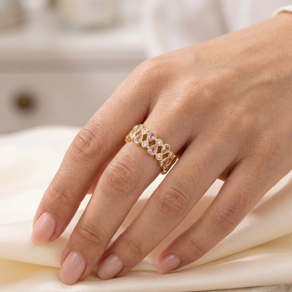 Pink Teardrop Crystal Adjustable Ring - Anti Tarnish Gold Plated