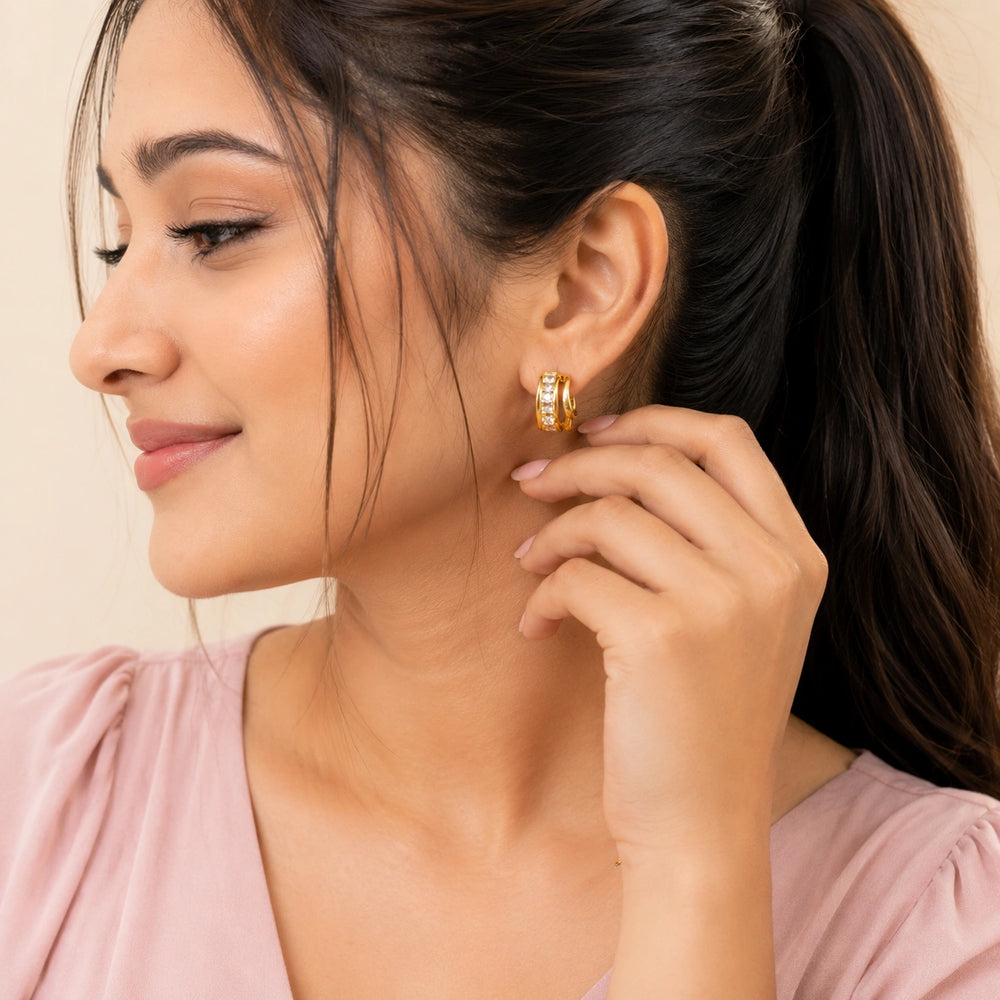 Wavy Baguette Crystal C-Hoop Earrings | Anti Tarnish Gold Plated
