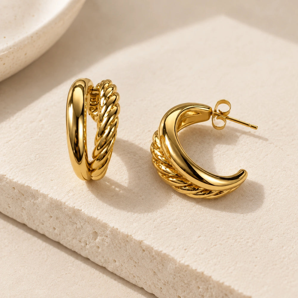 Twisted Double Hoop Anti Tarnish Gold Plated Earrings