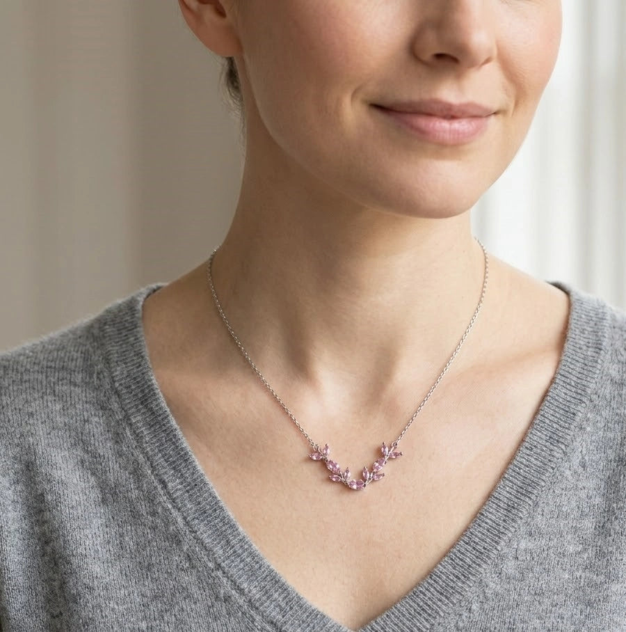 Pink Floral Vine Anti-Tarnish Necklace | Minimalist Leaf Design