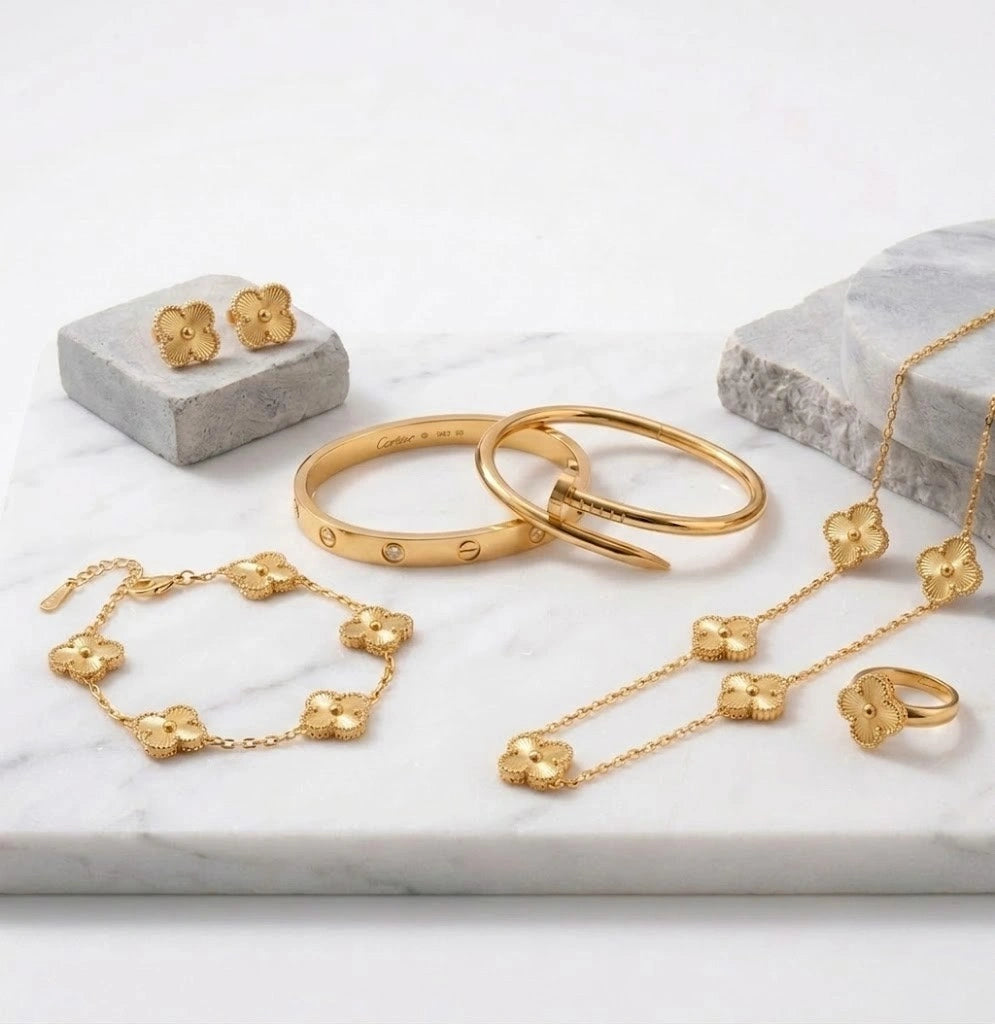 Anti-Tarnish Gold Plated Clover & Bangle Jewelry Set Combo (6-Pieces)