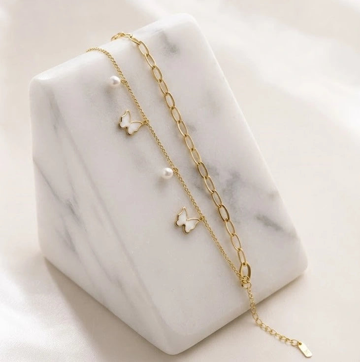 Butterfly & Pearl Layered Charm Bracelet | Anti-Tarnish Gold Plated