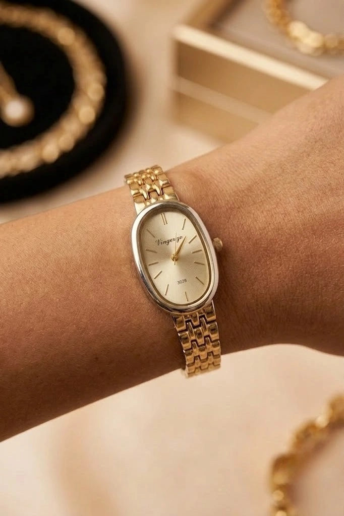 Classic Oval Gold-Plated Watch | Anti-Tarnish Vintage Timepiece for Women