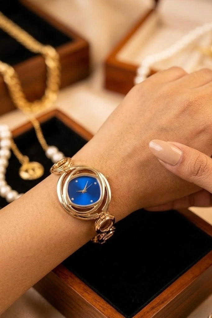 Premium Gold-Plated Abstract Blue Dial Watch for Women | Anti-Tarnish