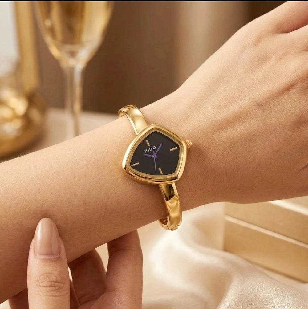 Elegant Gold Plated Bangle Watch | Anti-Tarnish, Unique Triangle Black Dial for Women