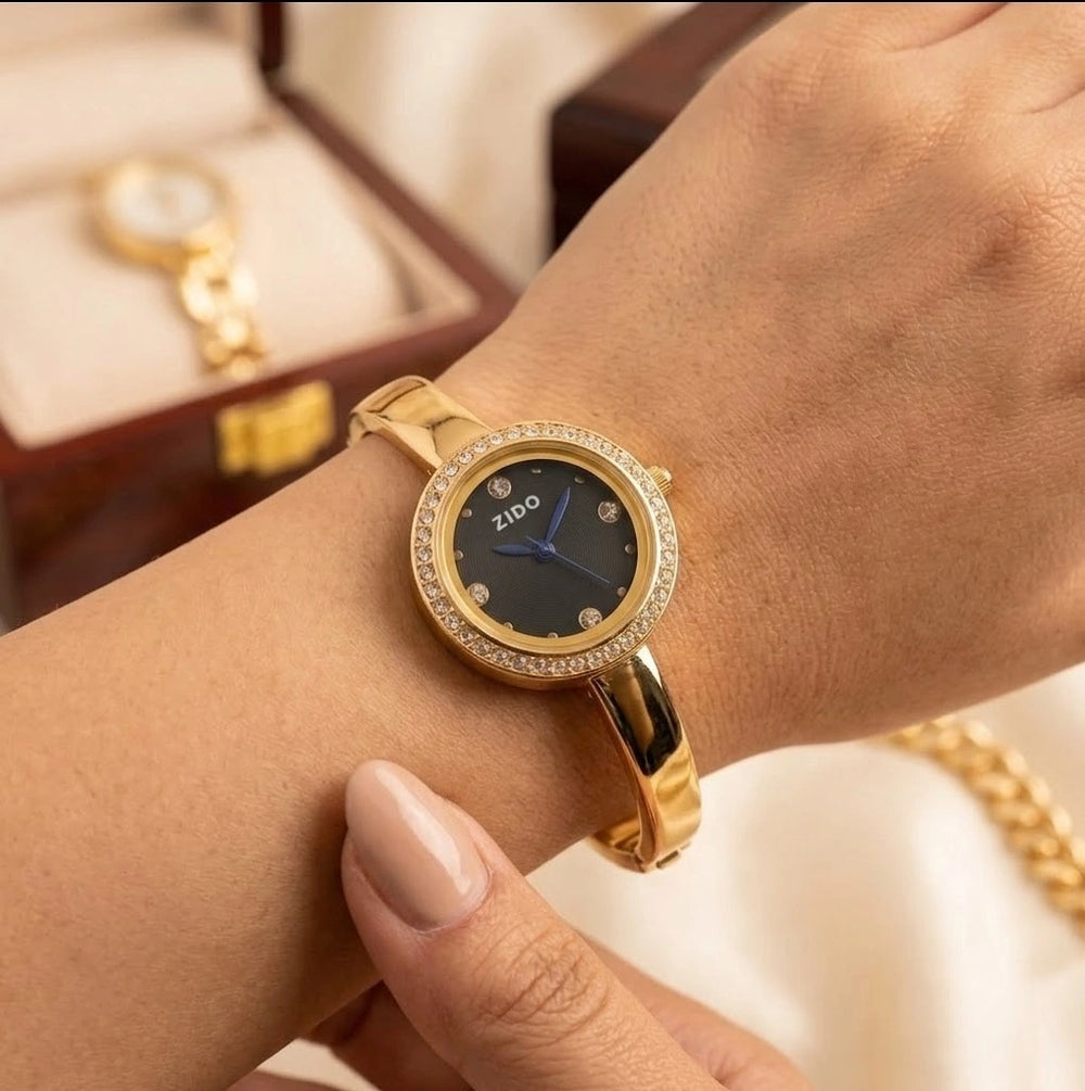 Premium Crystal Bezel Black Dial Watch | Anti-Tarnish Gold Plated Bangle Watch for Women