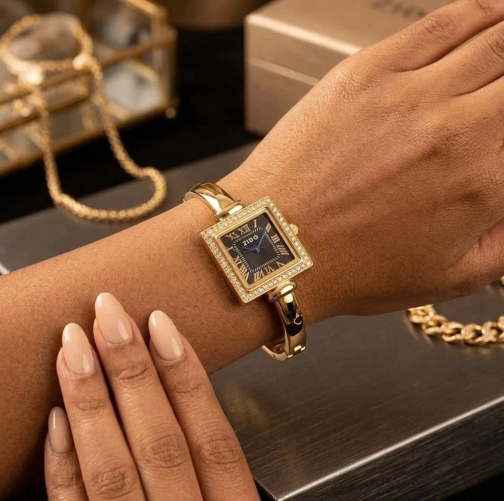 Vintage Square Dial Watch | Anti-Tarnish Gold Plated | Black Dial Bangle Watch