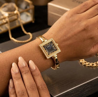 Vintage Square Dial Watch | Anti-Tarnish Gold Plated | Black Dial Bangle Watch