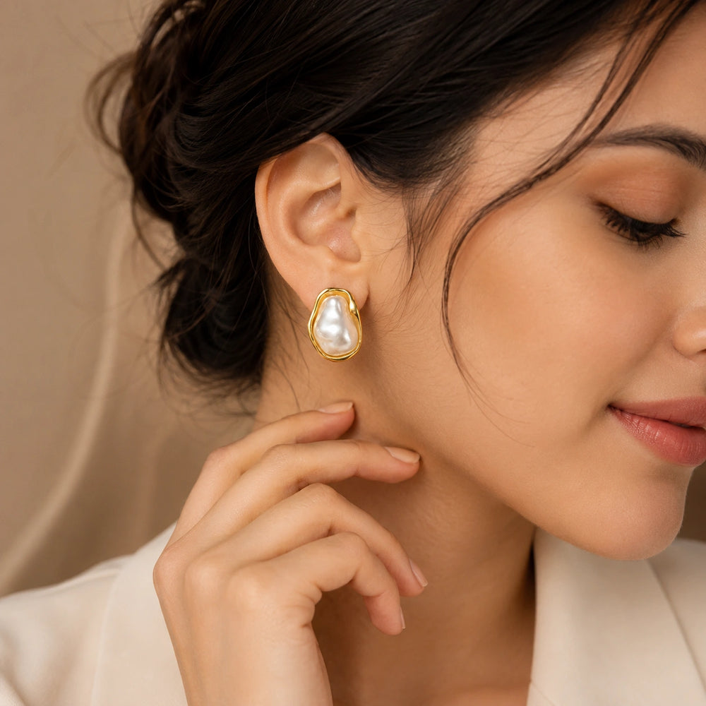 Baroque Pearl Stud Earrings - Gold Plated Vintage Design