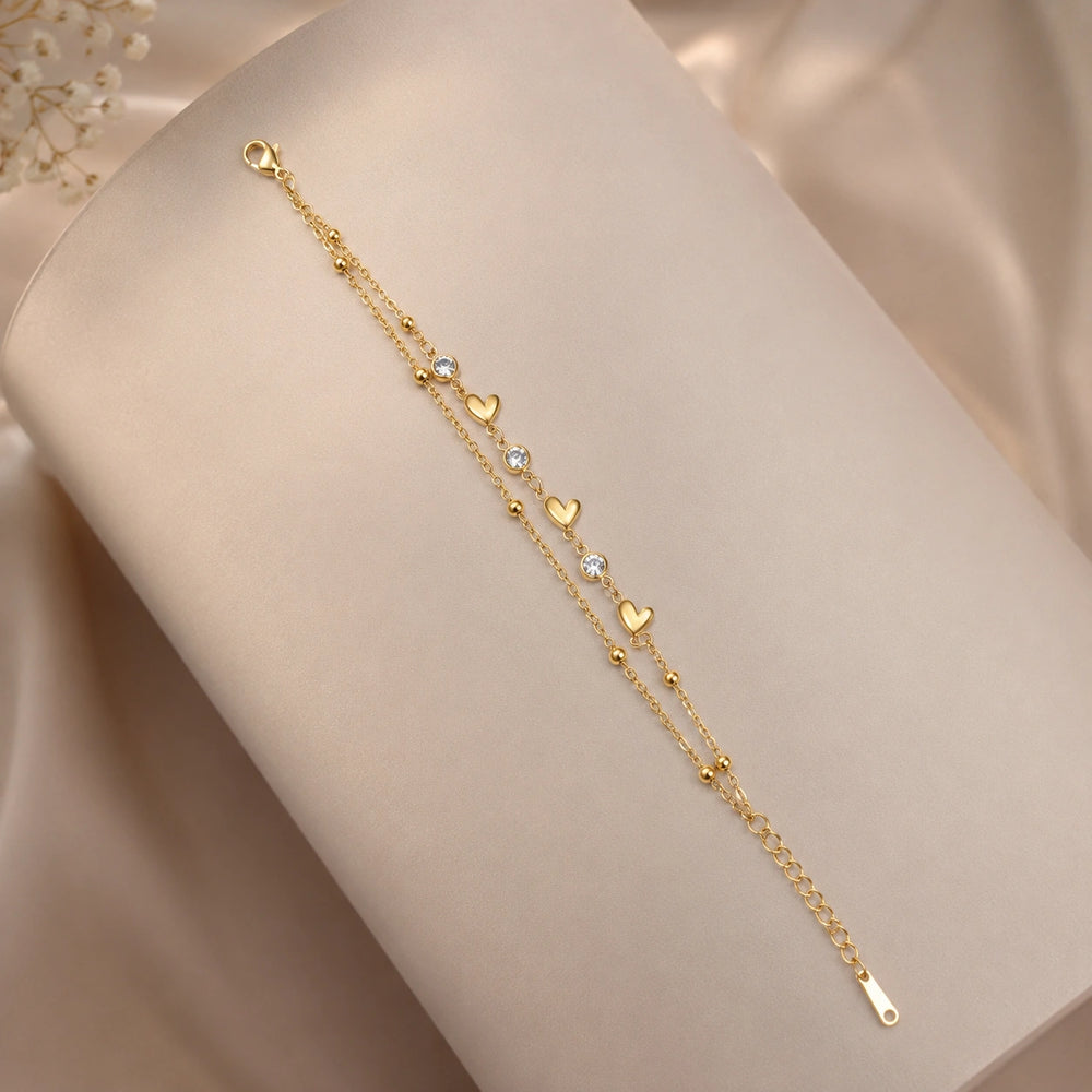 Double Layer Heart Charm Bracelet - Anti Tarnish Gold Plated