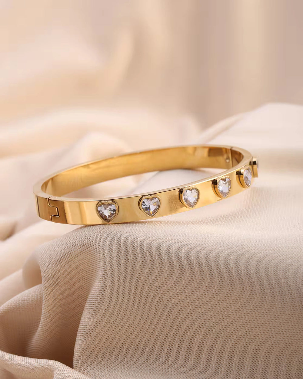 Korean Heart CZ Anti-Tarnish Gold Plated Bangle Bracelet
