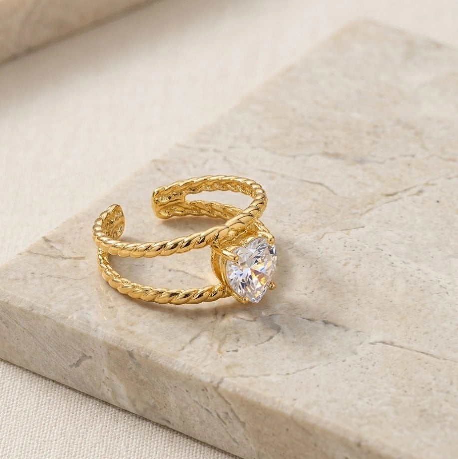 Heart Shaped Zircon Adjustable Ring - Twisted Double Band Anti-Tarnis