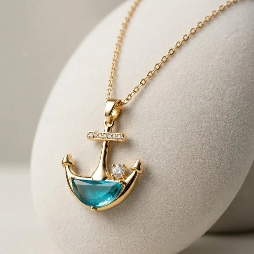 Nautical Anchor Blue Crystal Pendant Necklace - Anti Tarnish