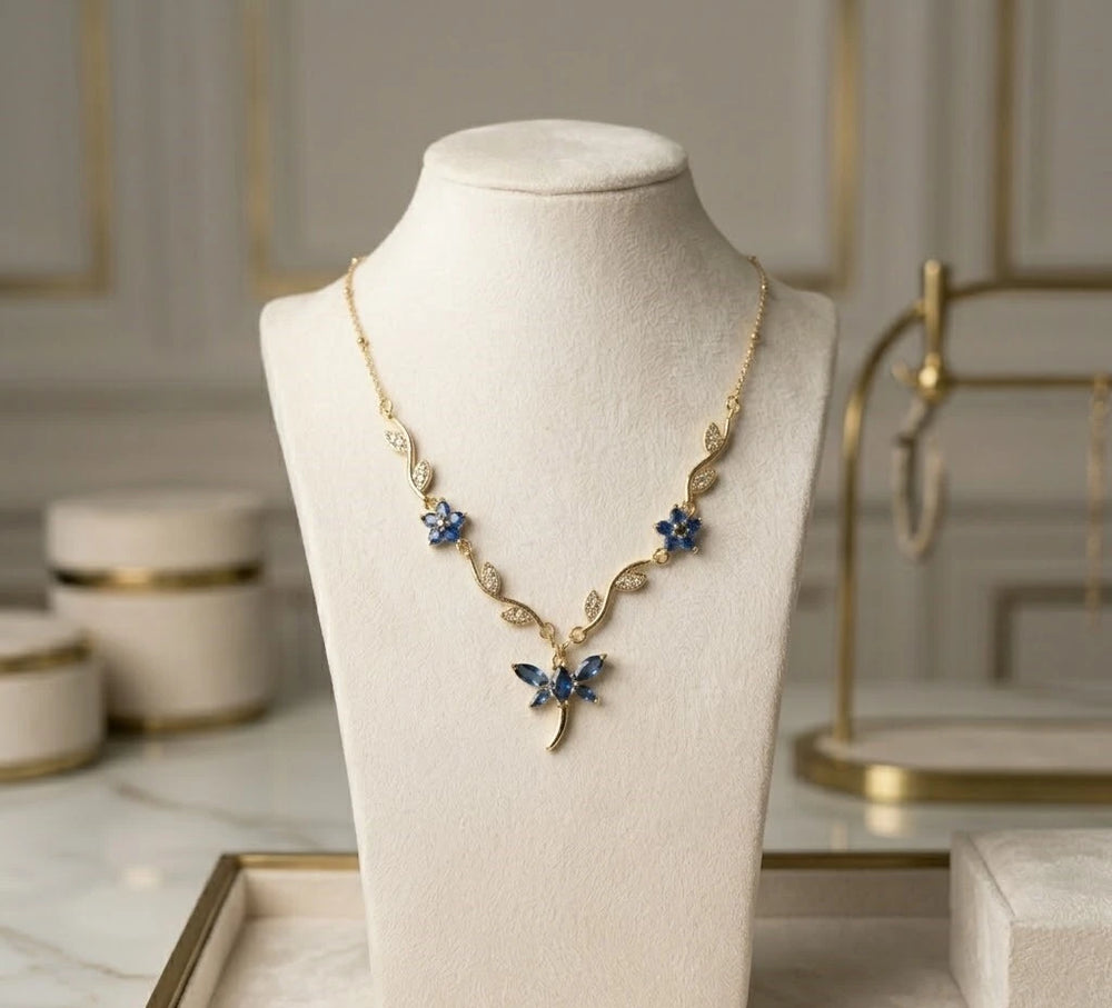 Blue Stone Dragonfly Floral Necklace - Anti Tarnish Gold Plated