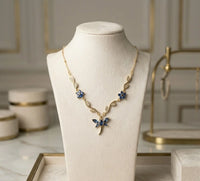 Blue Stone Dragonfly Floral Necklace - Anti Tarnish Gold Plated