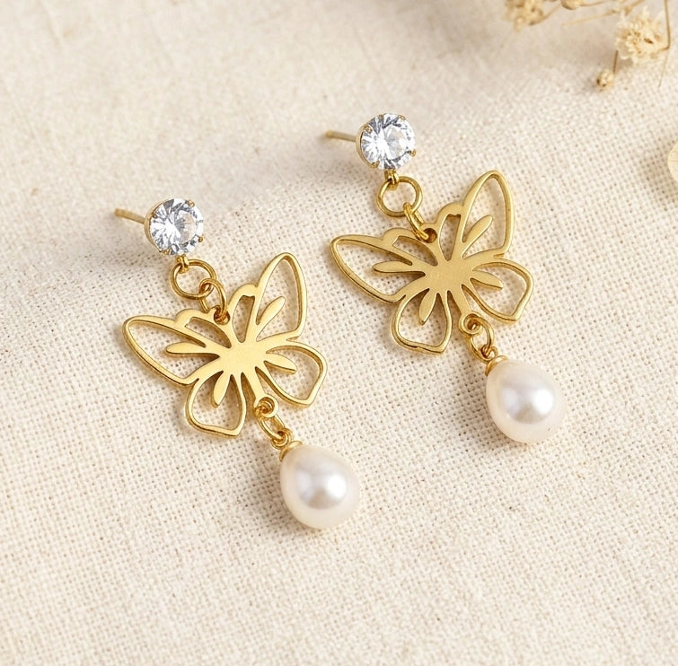 Butterfly Pearl Drop Earrings with Crystal Stud | High Quality Fashion Jewelry