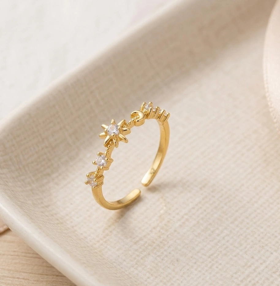 Celestial Star & Moon Dainty Ring | Anti-Tarnish Gold Plated