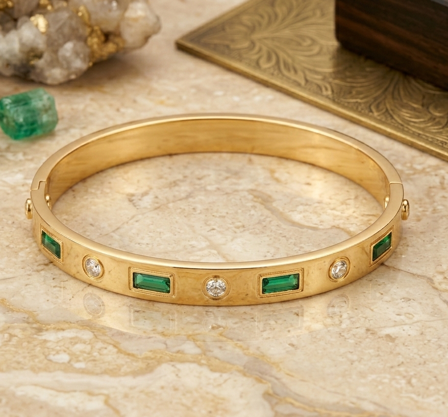 Emerald Green Stone Anti-Tarnish Gold Plated Bangle Bracelet for Women