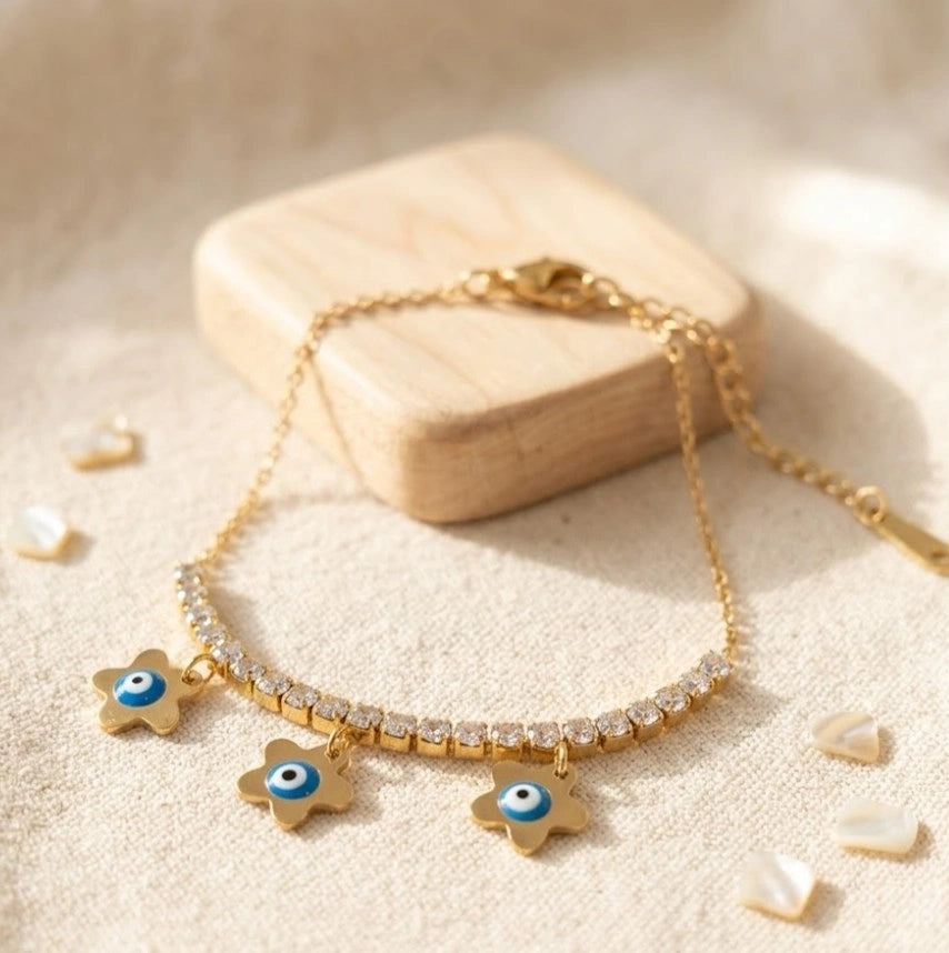 Triple Flower Evil Eye Charm Bracelet with Zirconia - Anti Tarnish