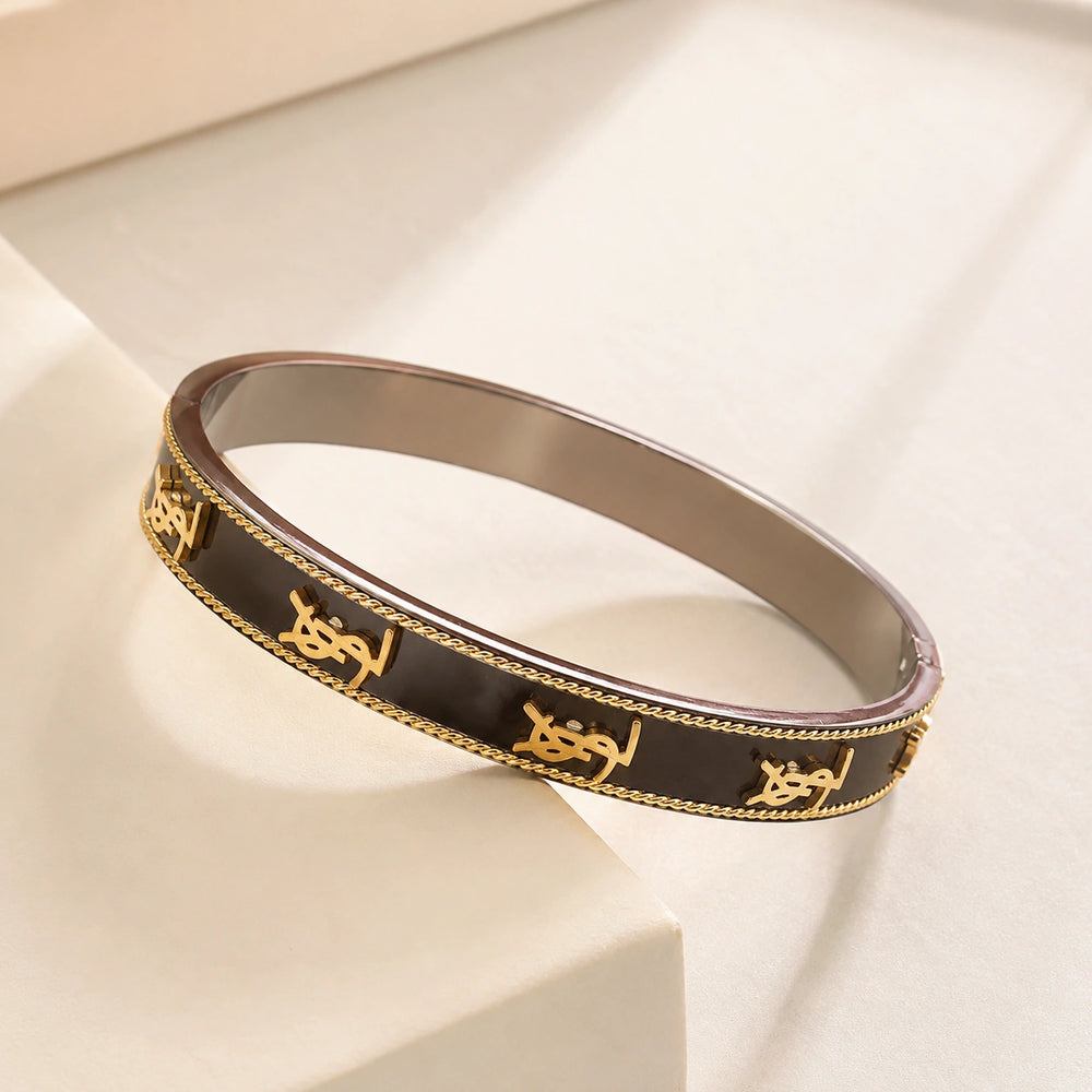 Anti-Tarnish Gold Plated Monogram Bangle - Brown Enamel Vintage Style Bracelet