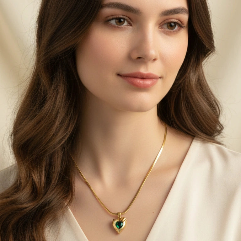Emerald Green Heart Pendant Necklace - Anti Tarnish Gold Plated Snake Chain
