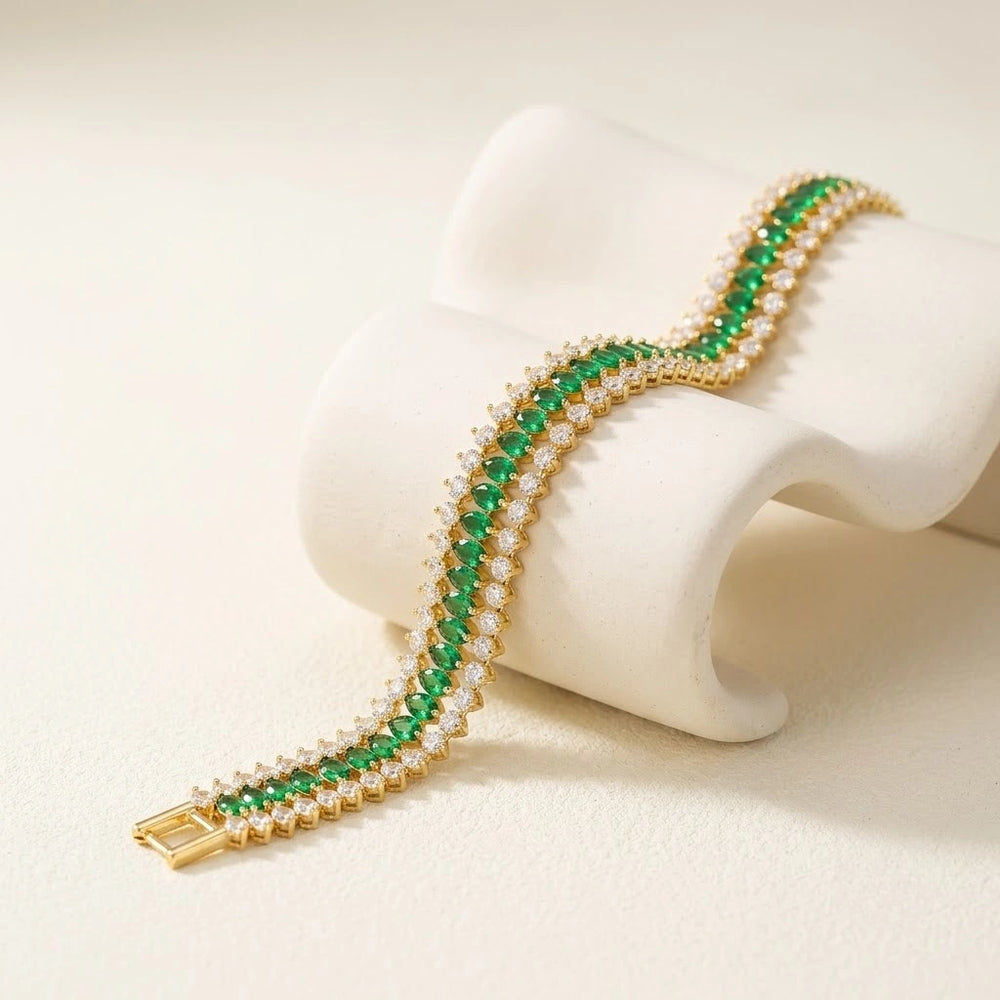 Emerald Green Marquise Stone Anti-Tarnish Gold-Plated Tennis Bracelet