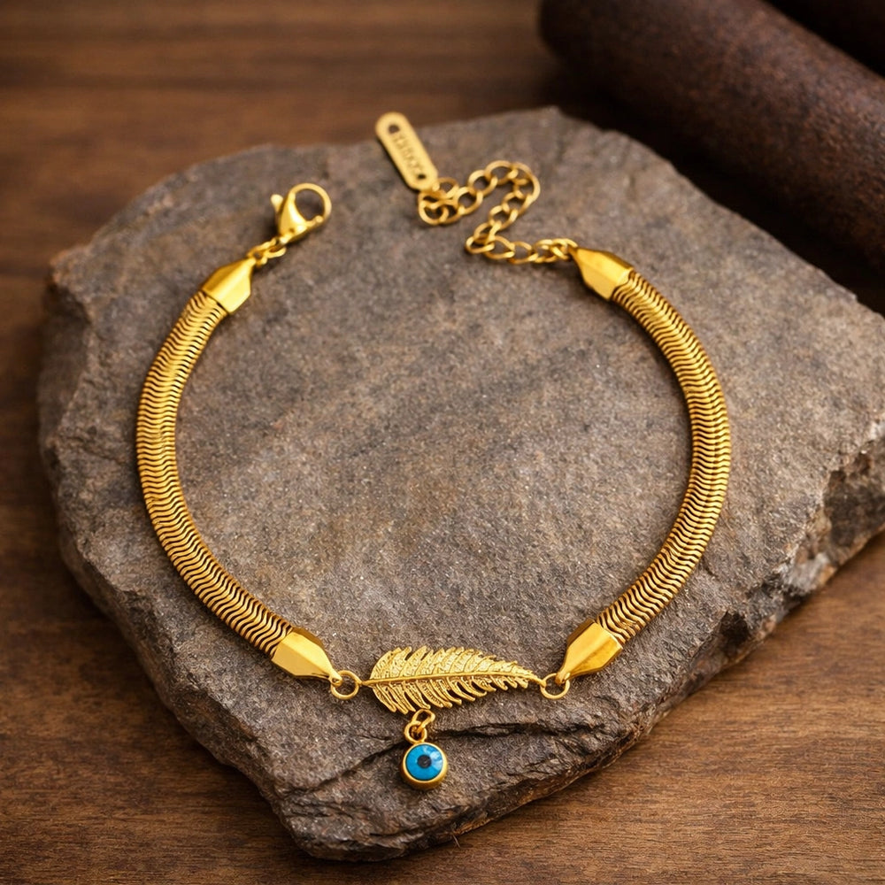 Evil Eye & Leaf Charm Snake Chain Bracelet | Anti-Tarnish Gold Plated