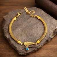 Evil Eye & Leaf Charm Snake Chain Bracelet | Anti-Tarnish Gold Plated