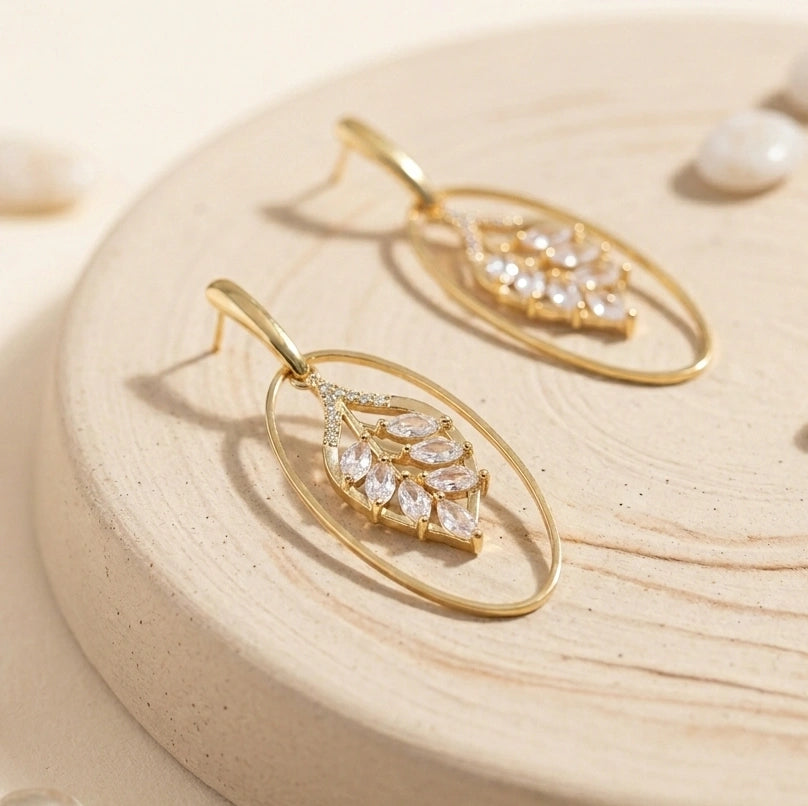 Leaf Motif Crystal Oval Drop Earrings - Anti Tarnish Gold Plated