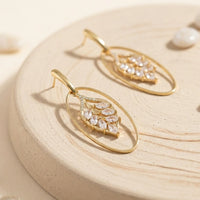 Leaf Motif Crystal Oval Drop Earrings - Anti Tarnish Gold Plated