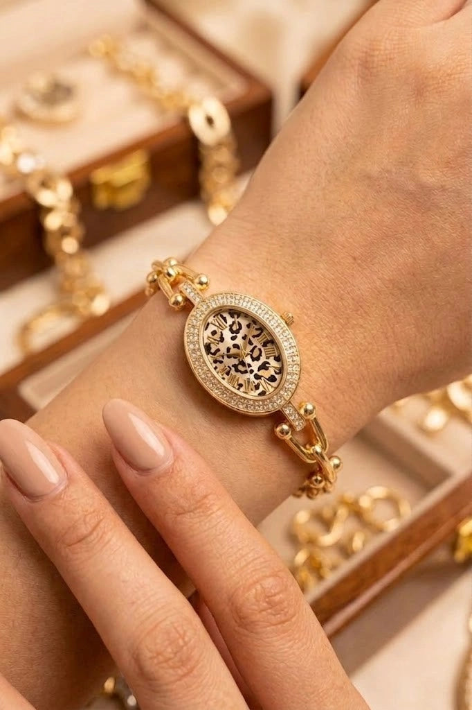 Leopard Print Oval Dial Anti-Tarnish Gold Plated Watch for Women