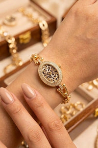 Leopard Print Oval Dial Anti-Tarnish Gold Plated Watch for Women