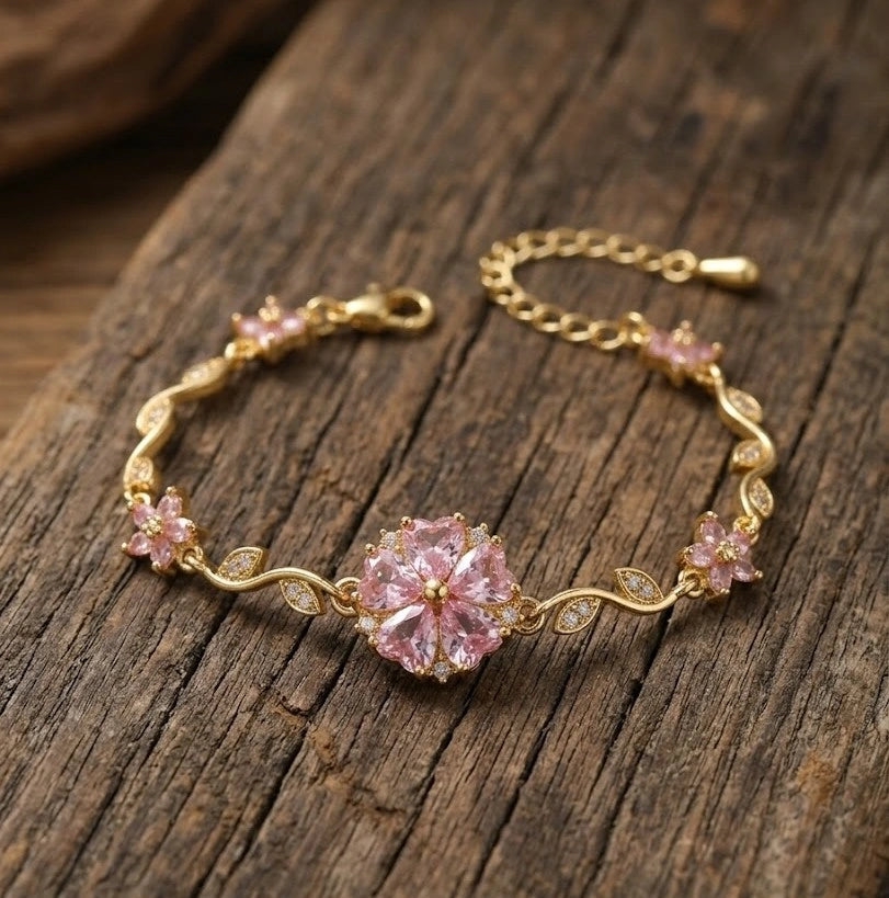 Tulip Pink Crystal Flower Vine Bracelet - Anti Tarnish Gold Plated