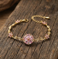 Tulip Pink Crystal Flower Vine Bracelet - Anti Tarnish Gold Plated
