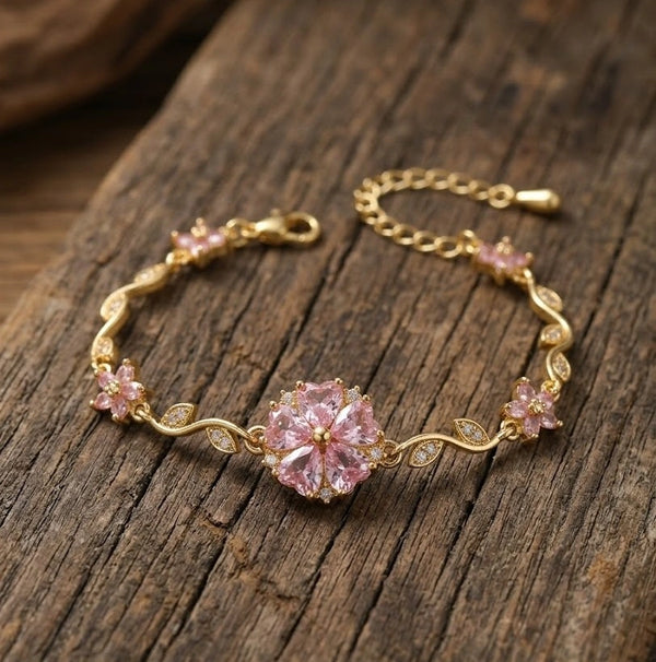 Pink Crystal Flower Vine Bracelet - Anti Tarnish Gold Plated