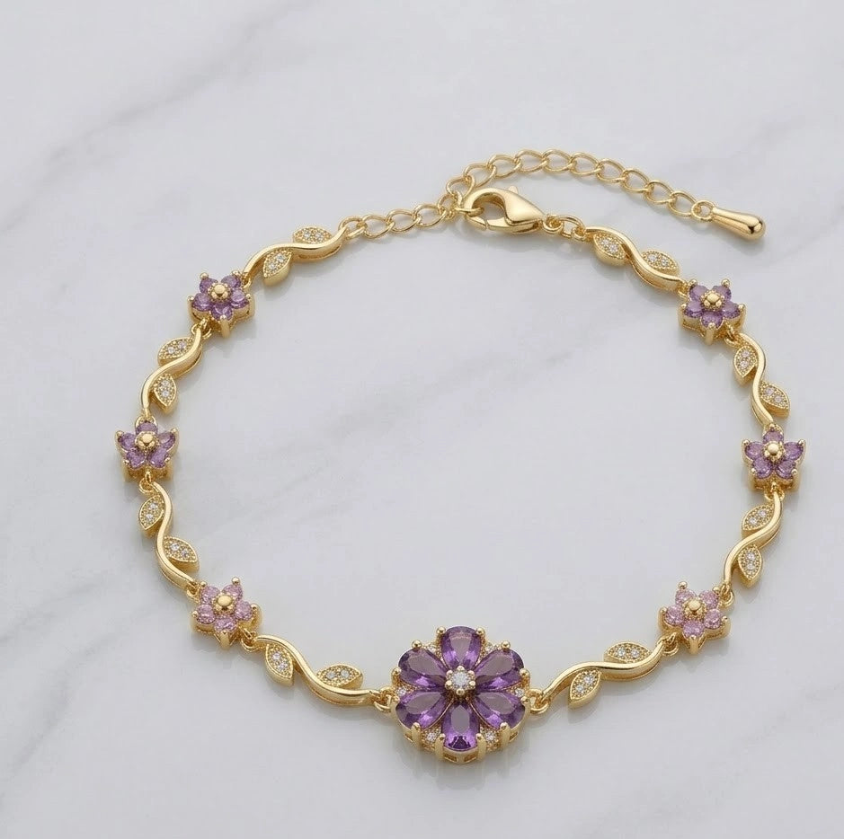Tulip Purple Floral Amethyst Anti-Tarnish Bracelet - Gold Plated Flower Design