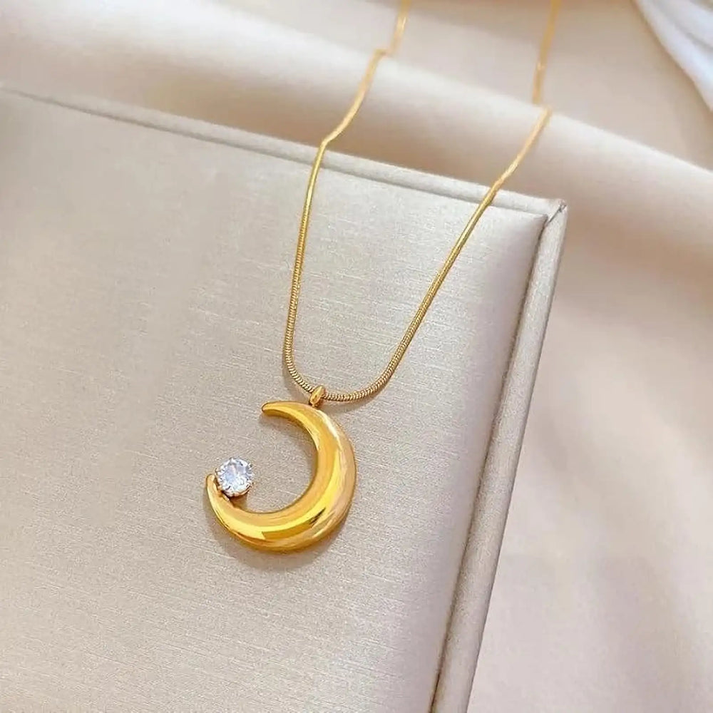 Crescent Moon Anti-Tarnish Gold Plated Necklace with Sparkling Stone
