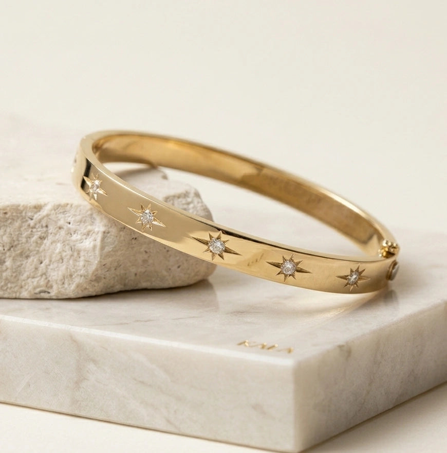Anti-Tarnish Starburst Gold Plated Bangle Bracelet for Women