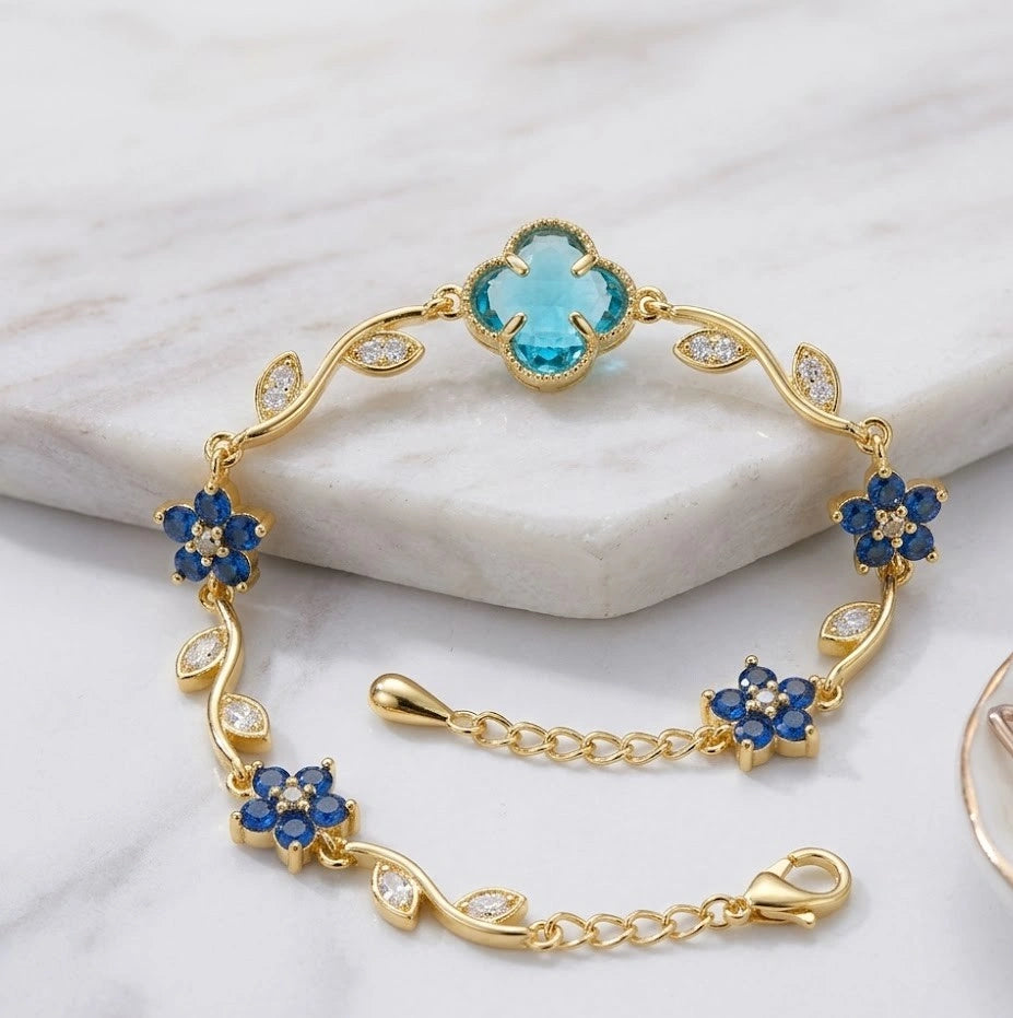 Tulip Emerald Clover & Blue Floral Anti-Tarnish Plated Bracelet