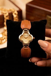 Clover Charm Minimalist Leather Watch - Gold Plated