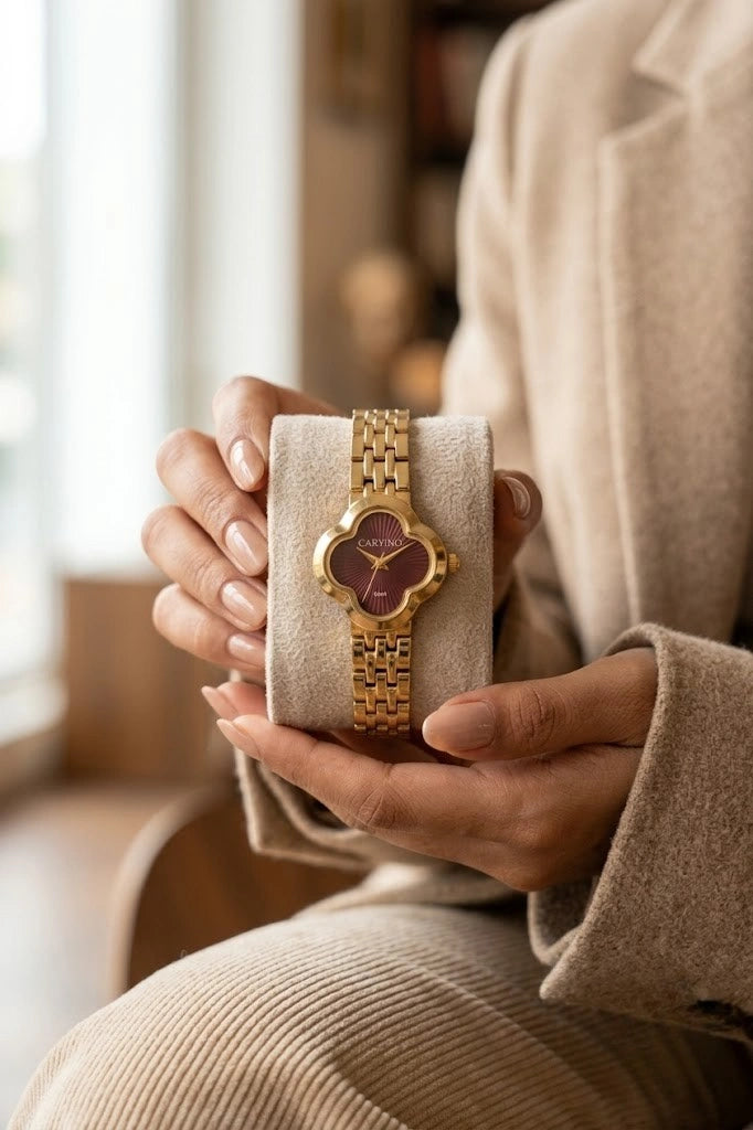Elegant Clover Gold Plated Women’s Watch | Maroon Dial | Anti-Tarnish