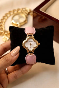 Vintage Clover Motif Watch - Anti-Tarnish Gold Plated with Pink Leather Strap