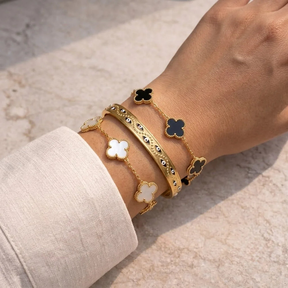 Anti-Tarnish Clover & Evil Eye Bracelet Stack - 3 Piece Set