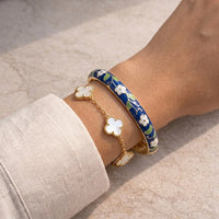 Clover & Floral Enamel Bracelet Stack - Anti-Tarnish Gold Plated Bangle Combo