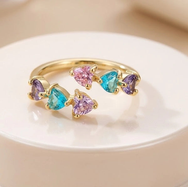 Front view of colorful heart crystal adjustable fashion ring