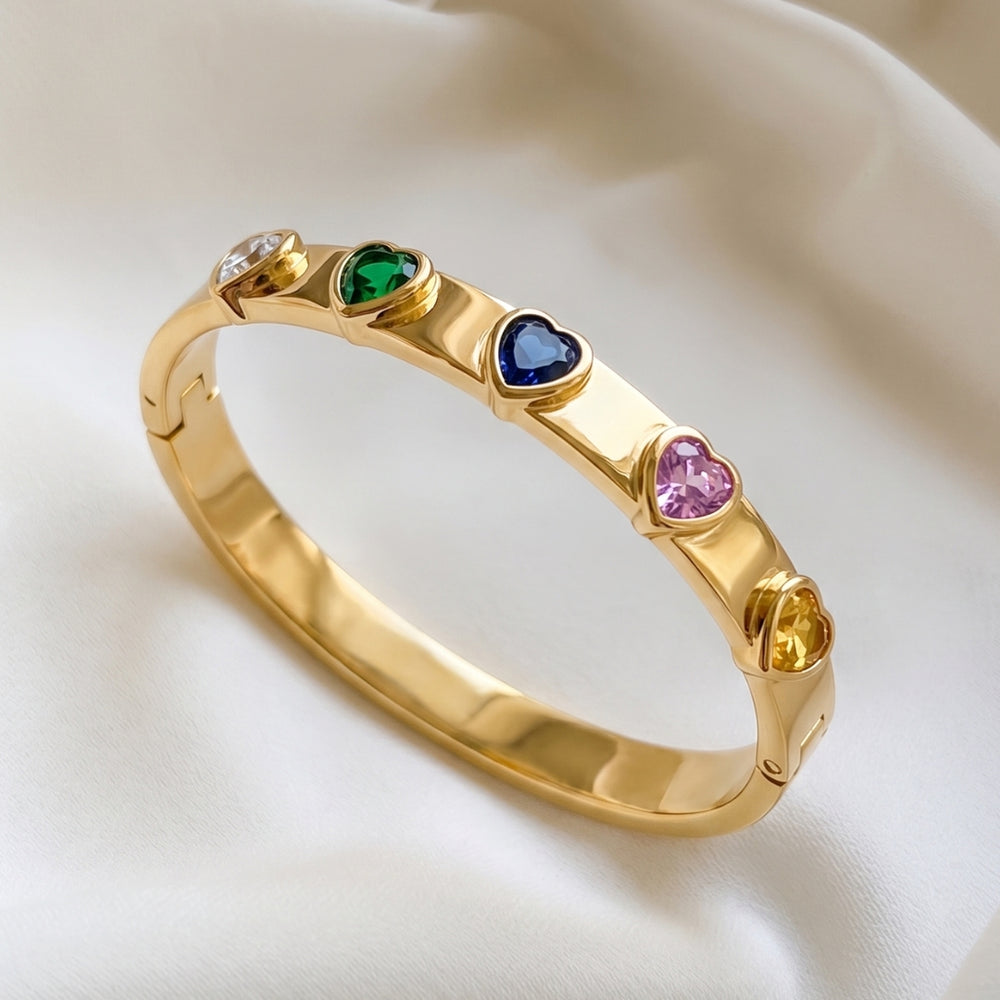 Rainbow Heart Anti-Tarnish Gold Plated Bangle - Minimalist Korean Style Bracelet