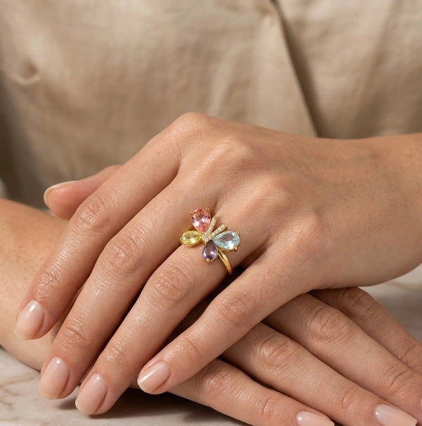 Pastel Butterfly Statement Ring | Multi-Color Rhinestone Fashion Jewelry