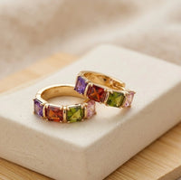 Multi-Color Stone Gold Hoop Earrings - Premium Korean Fashion